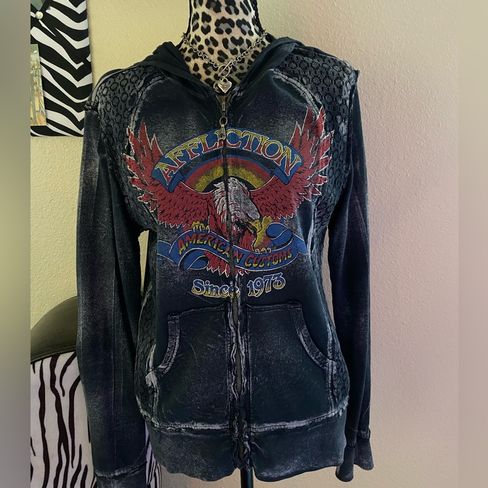 Y2K Affliction Grey and Red Graphic Zip-Up Jacket